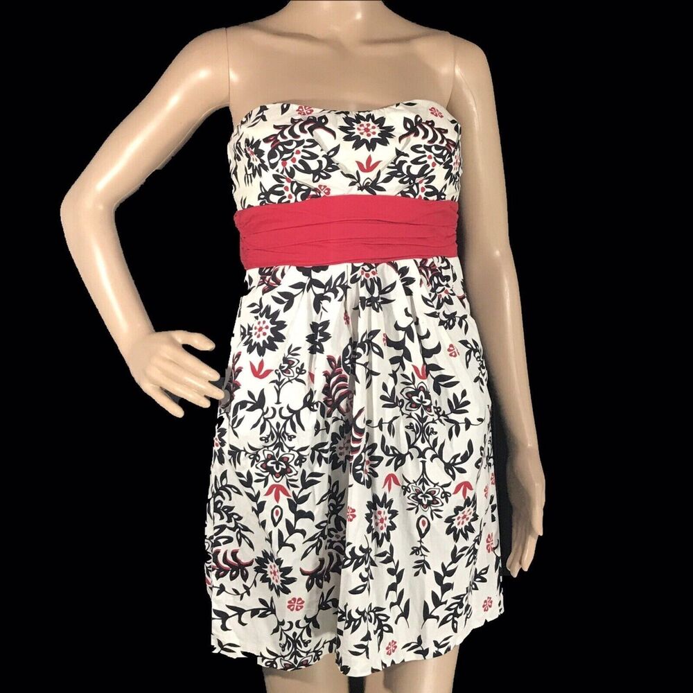 Speechless Dress Junior 7 Cream Black Red Floral Belt Strapless Pocket Party‎